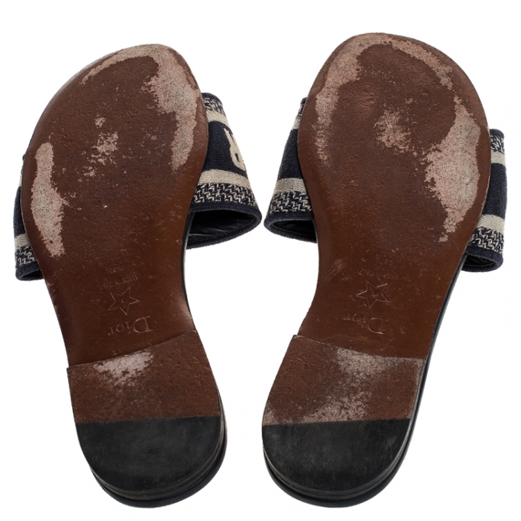 Pre Owned Dior Dark Blue Embroidered Canvas Dway Flat Slides Size 36.5