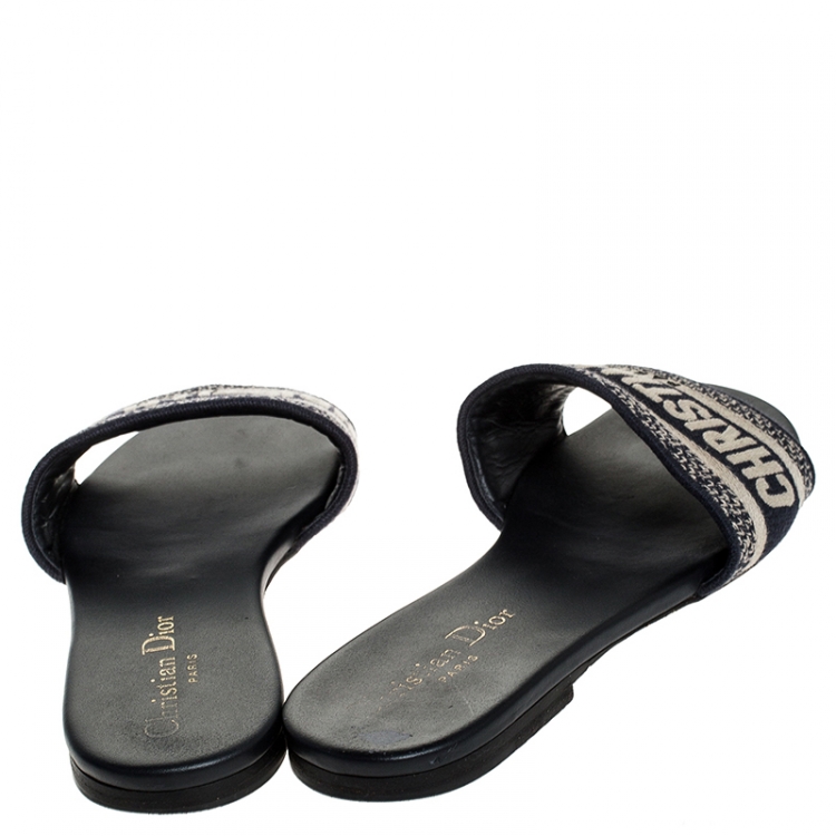 Pre Owned Dior Dark Blue Embroidered Canvas Dway Flat Slides Size 36.5