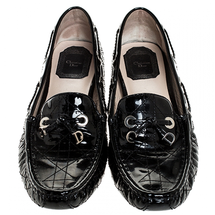 Pre Owned Dior Black Cannage Patent Leather Bow Loafers Size 37