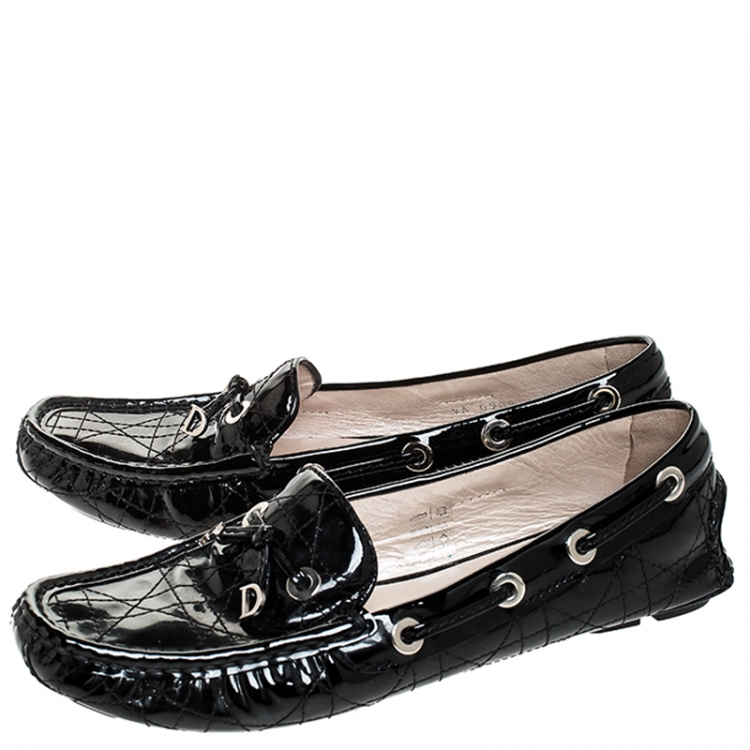 Pre Owned Dior Black Cannage Patent Leather Bow Loafers Size 37