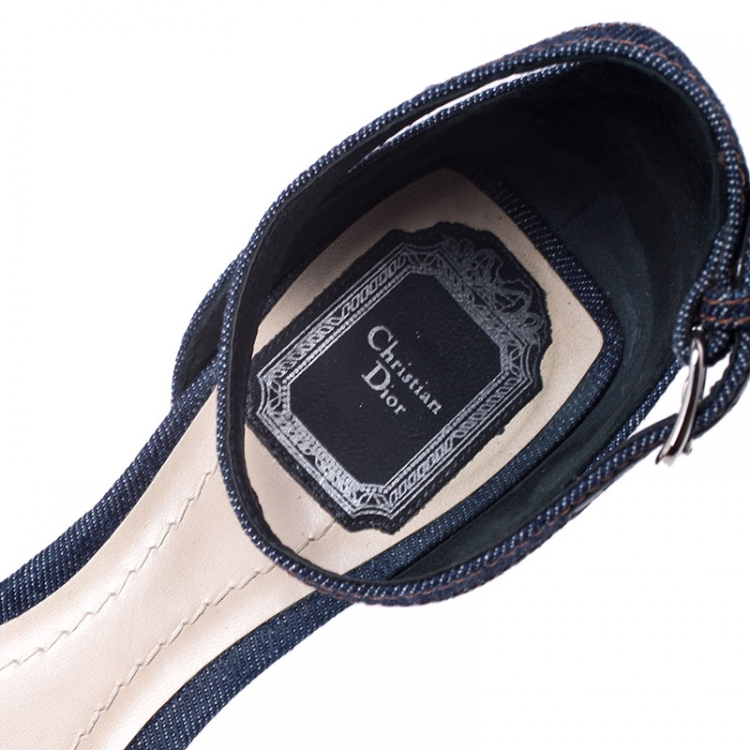 Pre Owned Dior Blue Denim Ankle Strap Block Heel Sandals Size 38.5