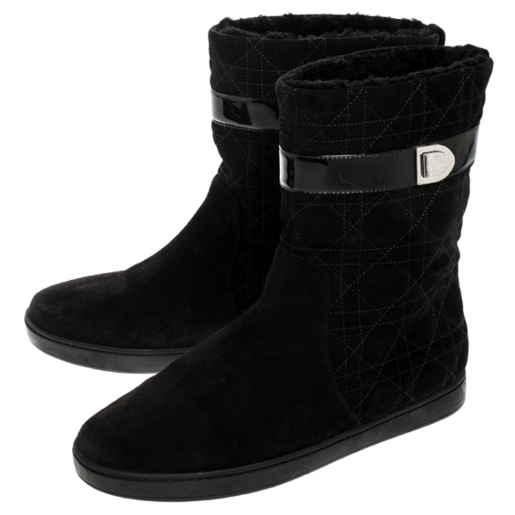 Pre Owned Dior Black Cannage Suede Fur Lined Snow Boots Size 38.5