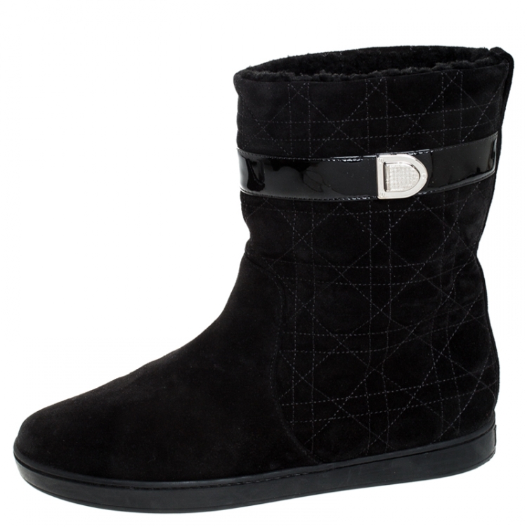 Pre Owned Dior Black Cannage Suede Fur Lined Snow Boots Size 38.5