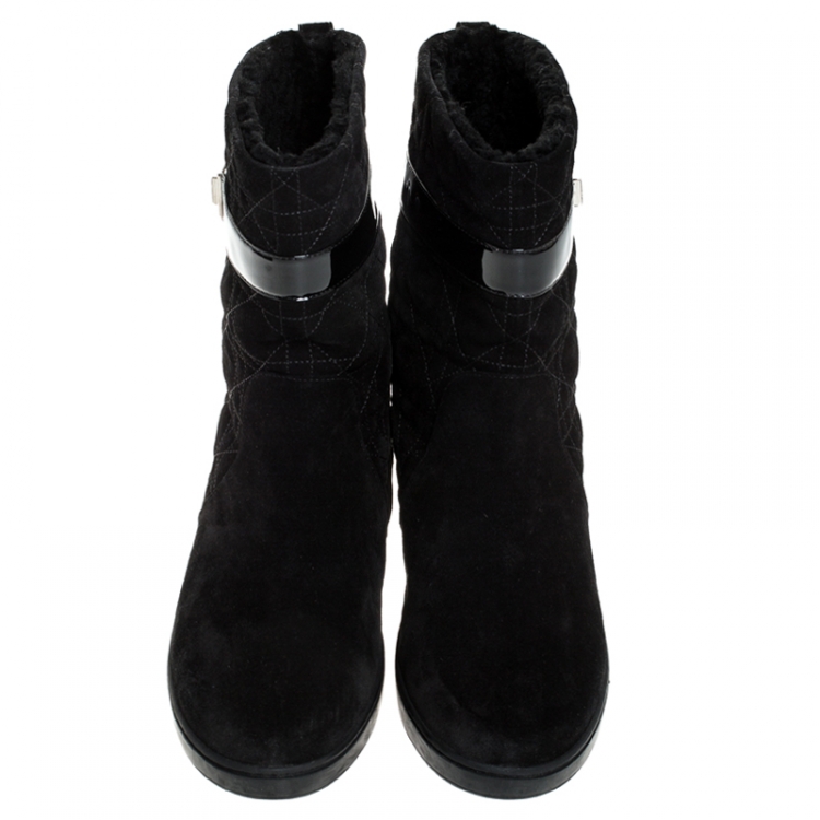 Pre Owned Dior Black Cannage Suede Fur Lined Snow Boots Size 38.5