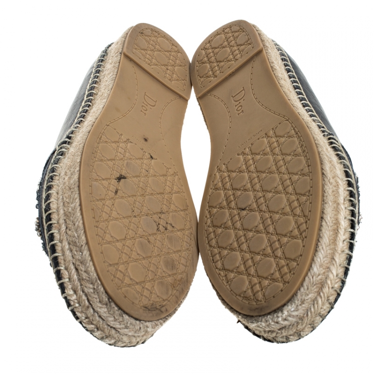 Pre Owned Dior Black Leather And Blue Denim Embroidered Espadrilles Loafers Size 39
