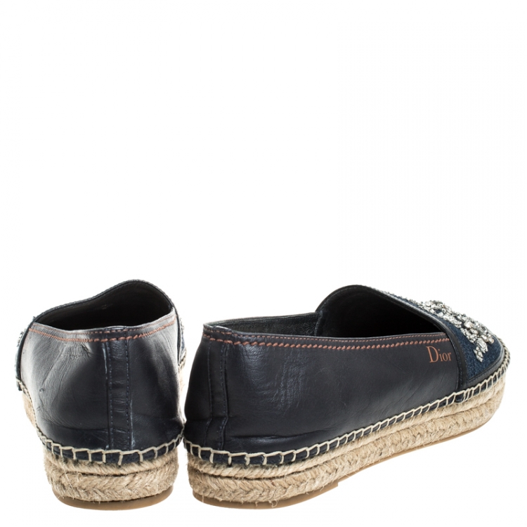 Pre Owned Dior Black Leather And Blue Denim Embroidered Espadrilles Loafers Size 39