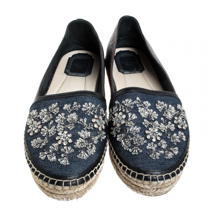 Pre Owned Dior Black Leather And Blue Denim Embroidered Espadrilles Loafers Size 39
