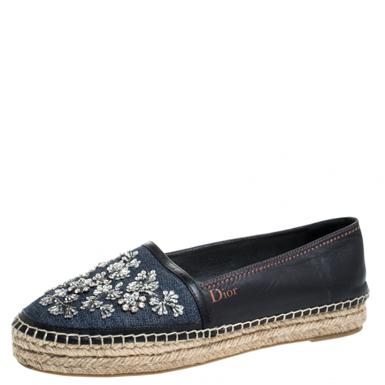 Pre Owned Dior Black Leather And Blue Denim Embroidered Espadrilles Loafers Size 39