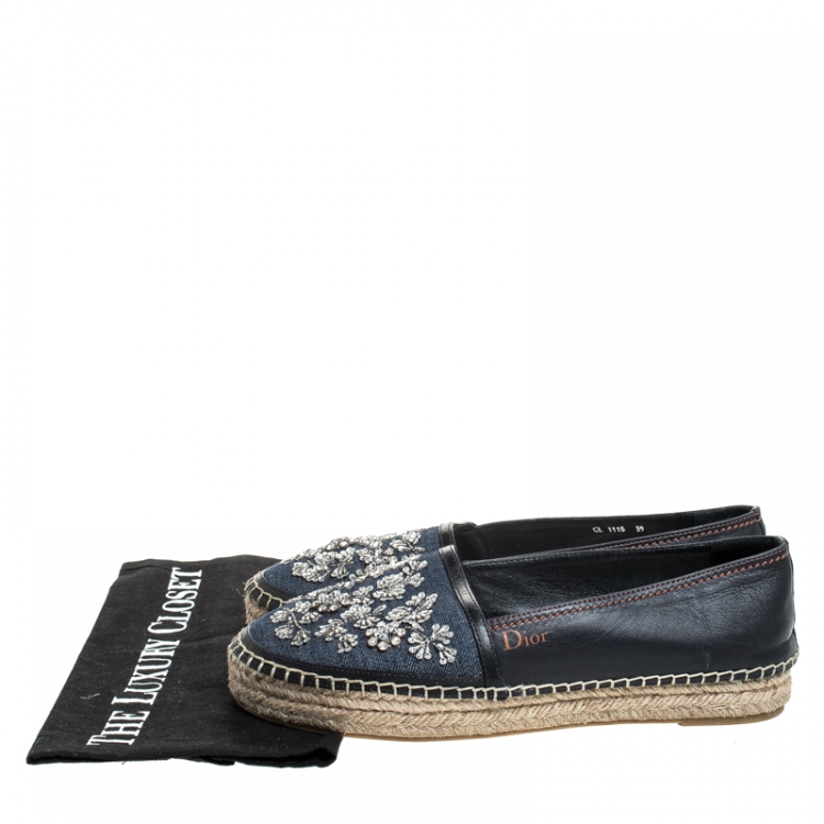 Pre Owned Dior Black Leather And Blue Denim Embroidered Espadrilles Loafers Size 39