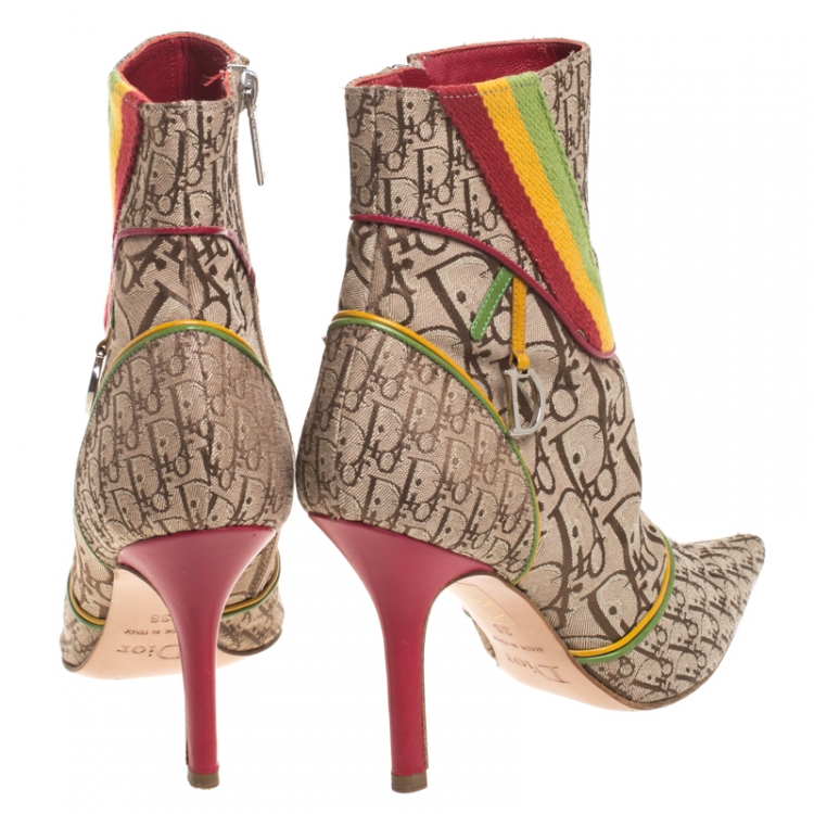 Pre Owned Dior Multicolor Monogram Canvas And Leather Piping Ankle Boots Size 36