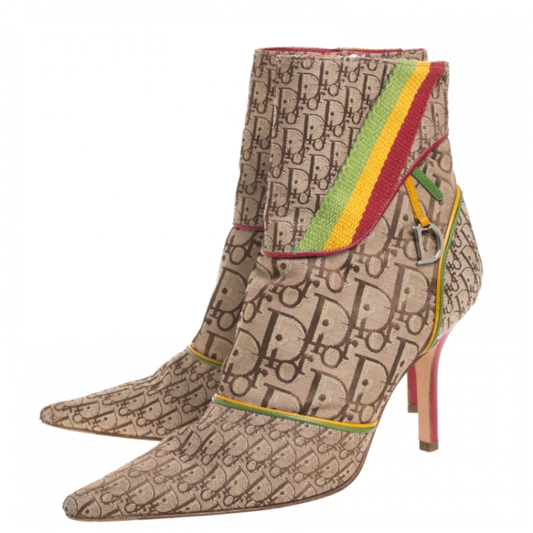 Pre Owned Dior Multicolor Monogram Canvas And Leather Piping Ankle Boots Size 36