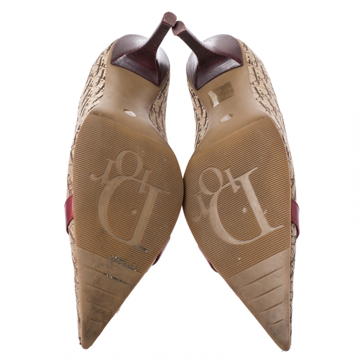 Pre Owned Dior Beige Logo Canvas and Leather Trim Pointed Toe Pumps Size 38