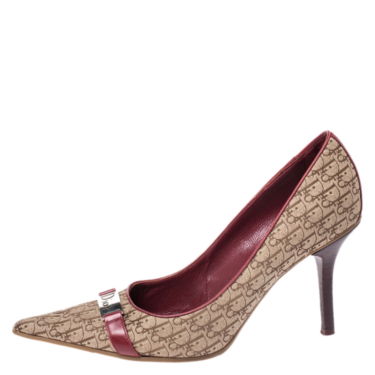 Pre Owned Dior Beige Logo Canvas and Leather Trim Pointed Toe Pumps Size 38