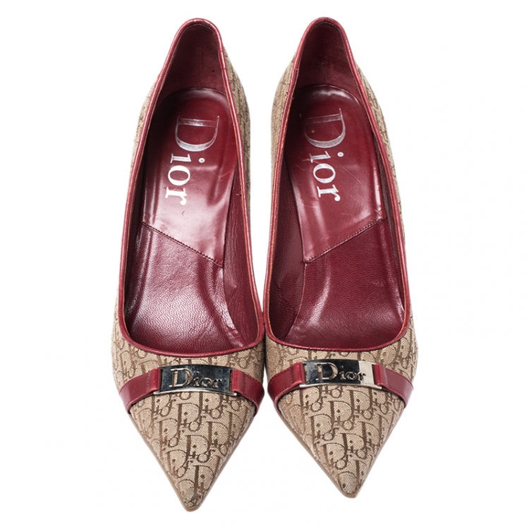 Pre Owned Dior Beige Logo Canvas and Leather Trim Pointed Toe Pumps Size 38