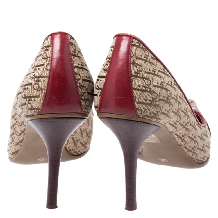 Pre Owned Dior Beige Logo Canvas and Leather Trim Pointed Toe Pumps Size 38