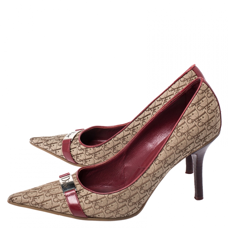 Pre Owned Dior Beige Logo Canvas and Leather Trim Pointed Toe Pumps Size 38