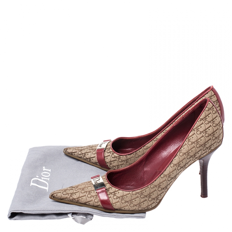 Pre Owned Dior Beige Logo Canvas and Leather Trim Pointed Toe Pumps Size 38