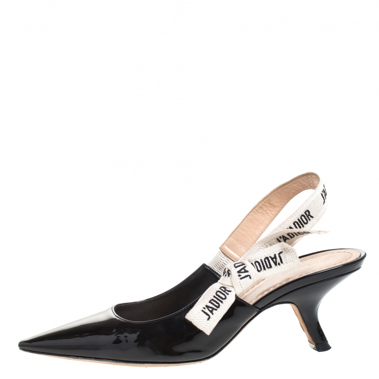 Pre Owned Dior Black Patent Leather And J'adior Canvas Ribbon Pointed Toe Slingback Sandals Size 37.5