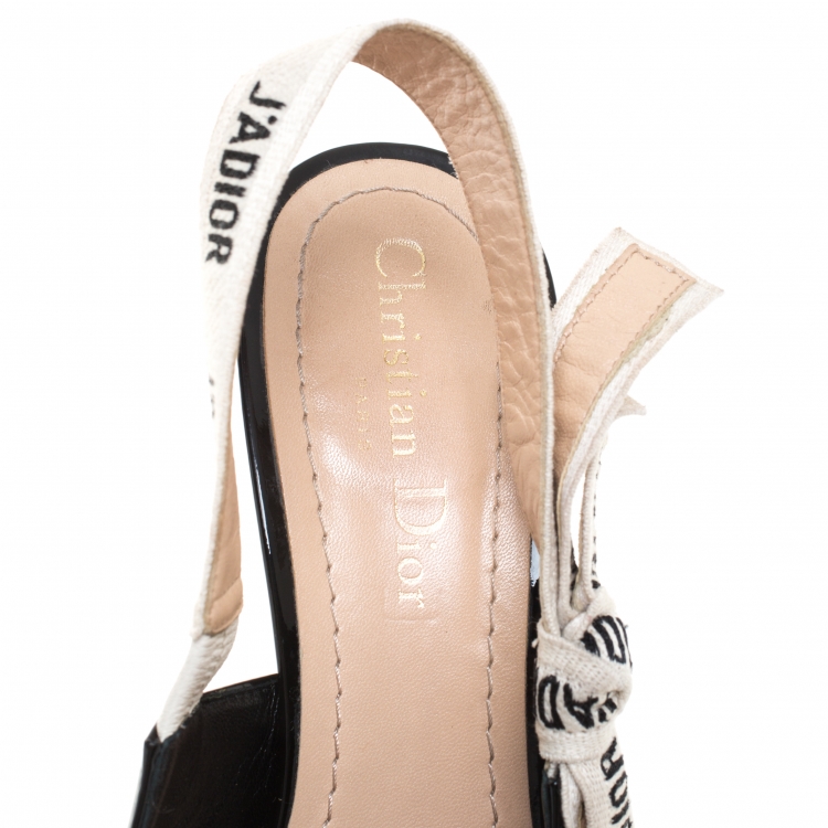 Pre Owned Dior Black Patent Leather And J'adior Canvas Ribbon Pointed Toe Slingback Sandals Size 37.5