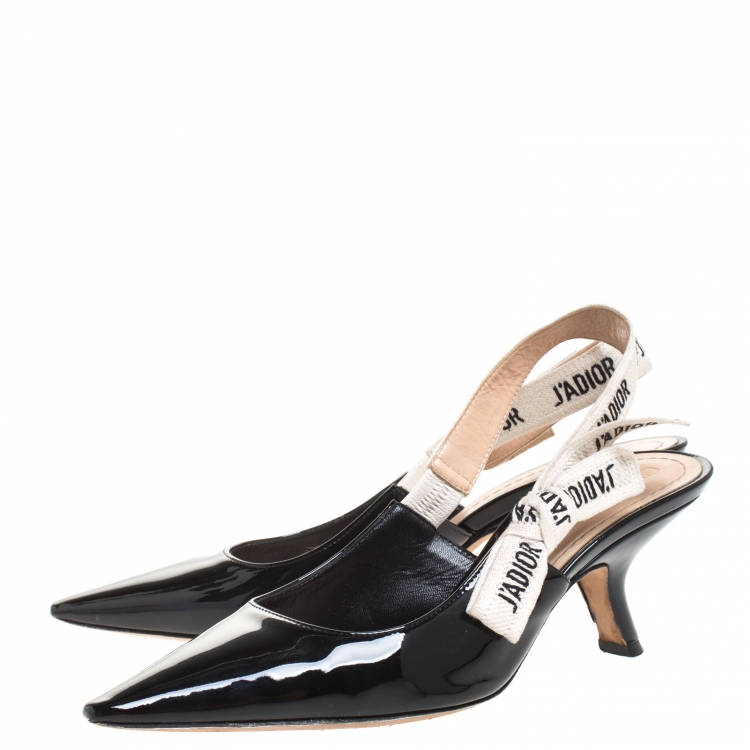 Pre Owned Dior Black Patent Leather And J'adior Canvas Ribbon Pointed Toe Slingback Sandals Size 37.5