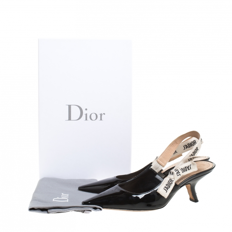 Pre Owned Dior Black Patent Leather And J'adior Canvas Ribbon Pointed Toe Slingback Sandals Size 37.5