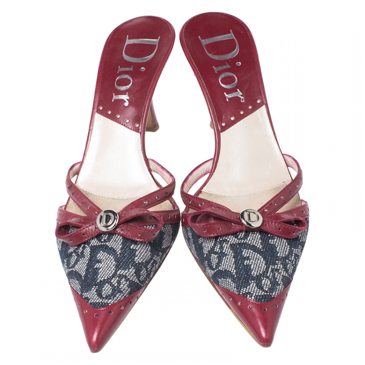 Pre Owned Dior Red Leather and Blue Canvas Monogram Pointed Toe Slide Mules Size 35