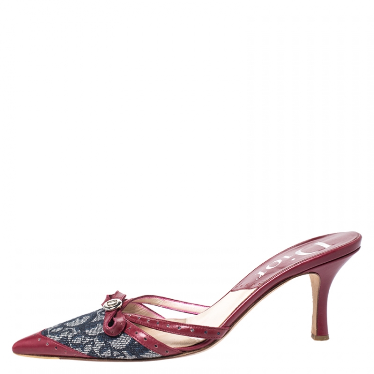 Pre Owned Dior Red Leather and Blue Canvas Monogram Pointed Toe Slide Mules Size 35