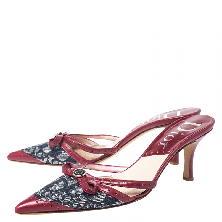 Pre Owned Dior Red Leather and Blue Canvas Monogram Pointed Toe Slide Mules Size 35