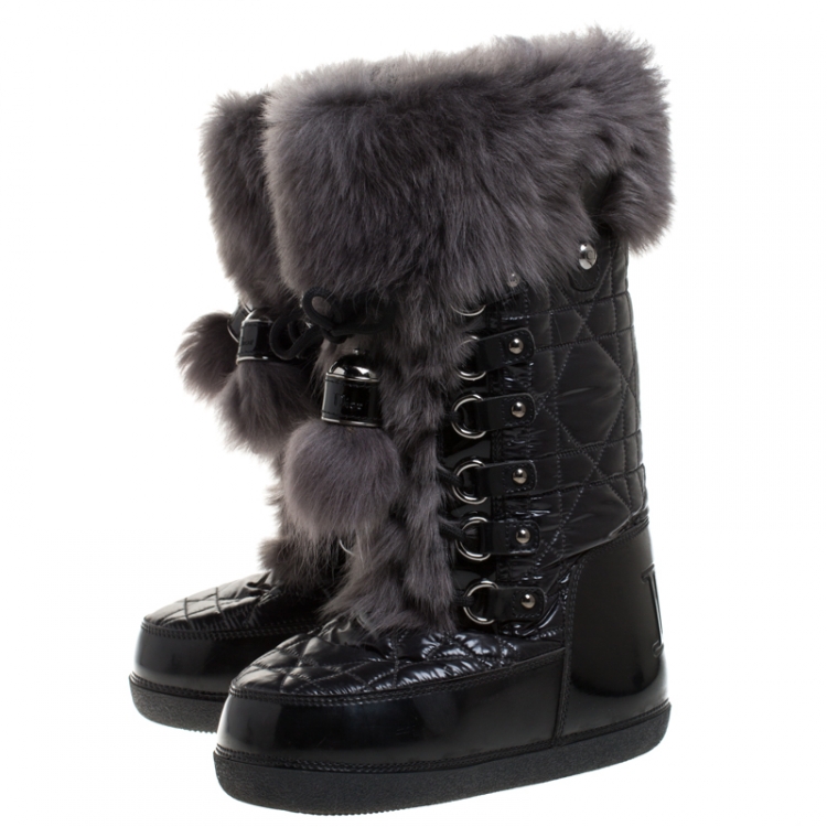 Pre Owned Dior Black/Grey Cannage Quilted Fabric, Rubber And Rabbit Fur Lace Up Snow Boots Size 38 - 40