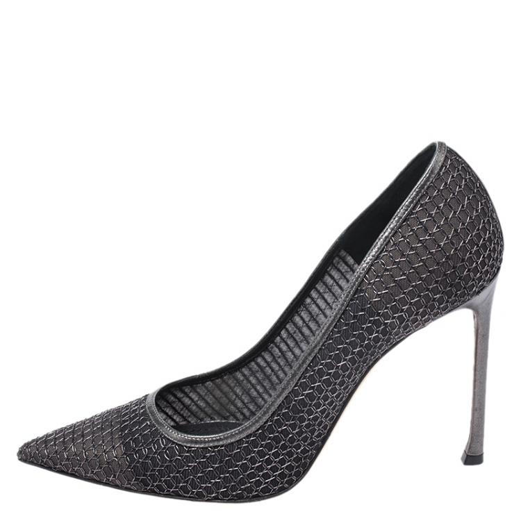 Pre Owned Dior Metallic Grey/Black Leather Trim And Mesh Pointed Toe Pumps Size 40