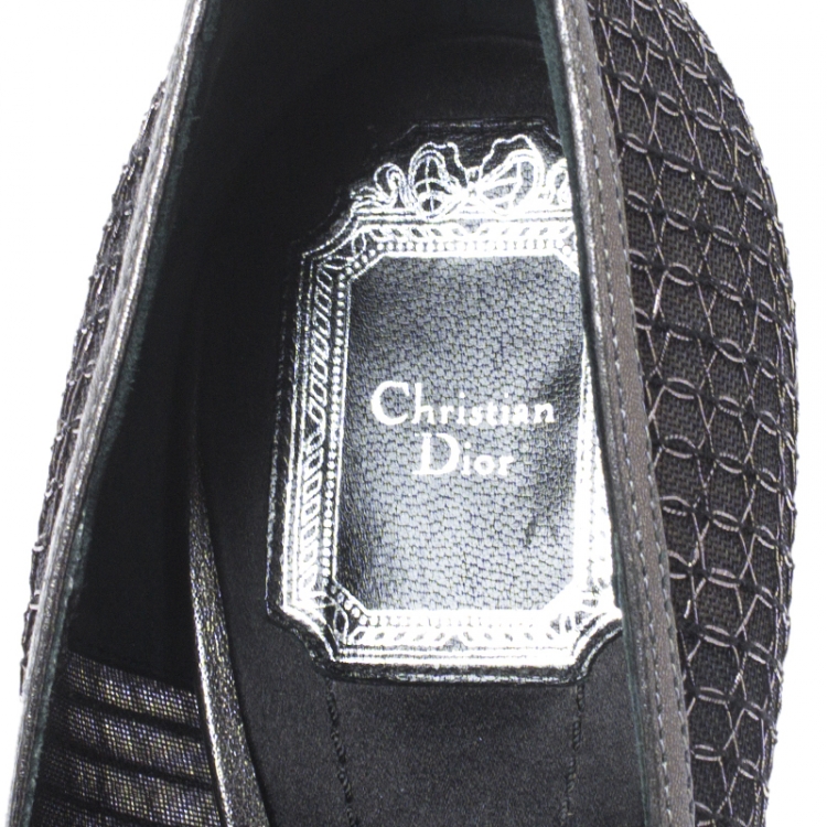 Pre Owned Dior Metallic Grey/Black Leather Trim And Mesh Pointed Toe Pumps Size 40
