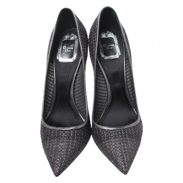 Pre Owned Dior Metallic Grey/Black Leather Trim And Mesh Pointed Toe Pumps Size 40