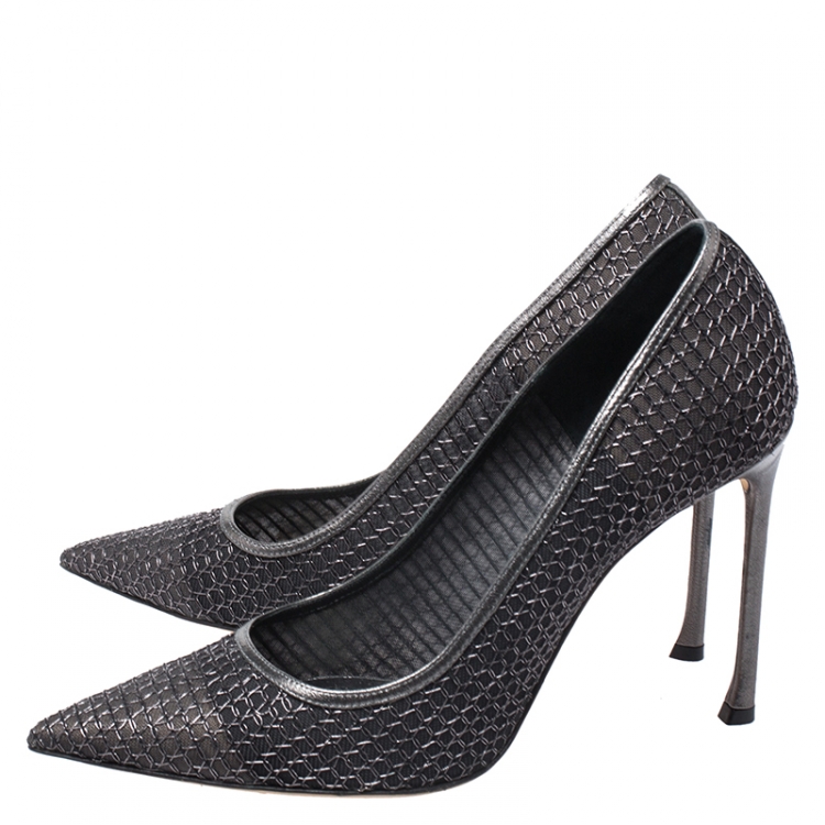 Pre Owned Dior Metallic Grey/Black Leather Trim And Mesh Pointed Toe Pumps Size 40