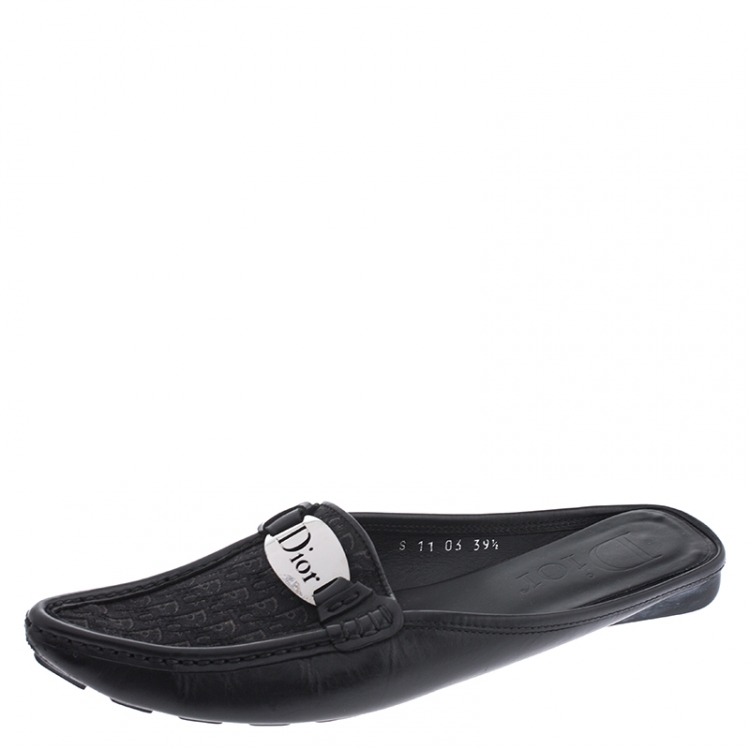 Pre Owned Dior Black Monogram Canvas And Leather Pointed Toe Loafer Flats Size 39.5