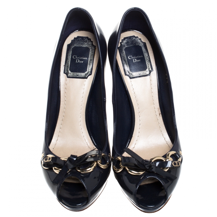 Pre Owned Dior Navy Blue Leather Bow Chain Detail Peep Toe Pumps Size 37.5