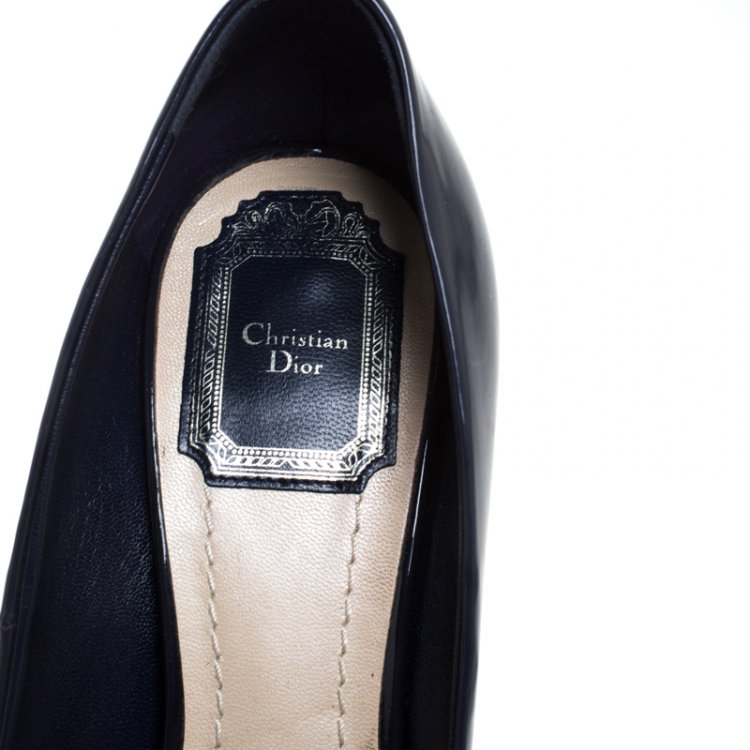 Pre Owned Dior Navy Blue Leather Bow Chain Detail Peep Toe Pumps Size 37.5