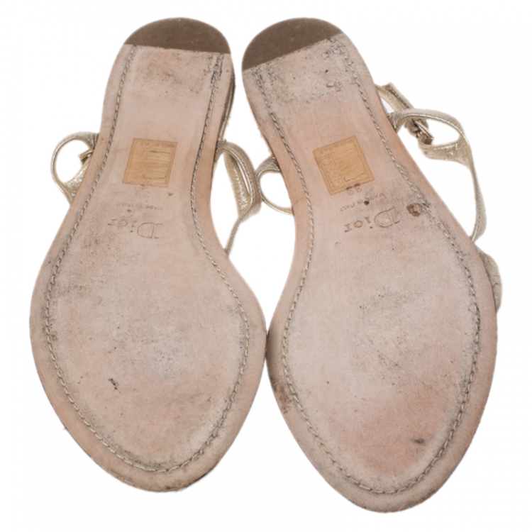 Pre Owned Dior Metallic Gold Leather Floral And Chain Detail Thong Sandals Size 39