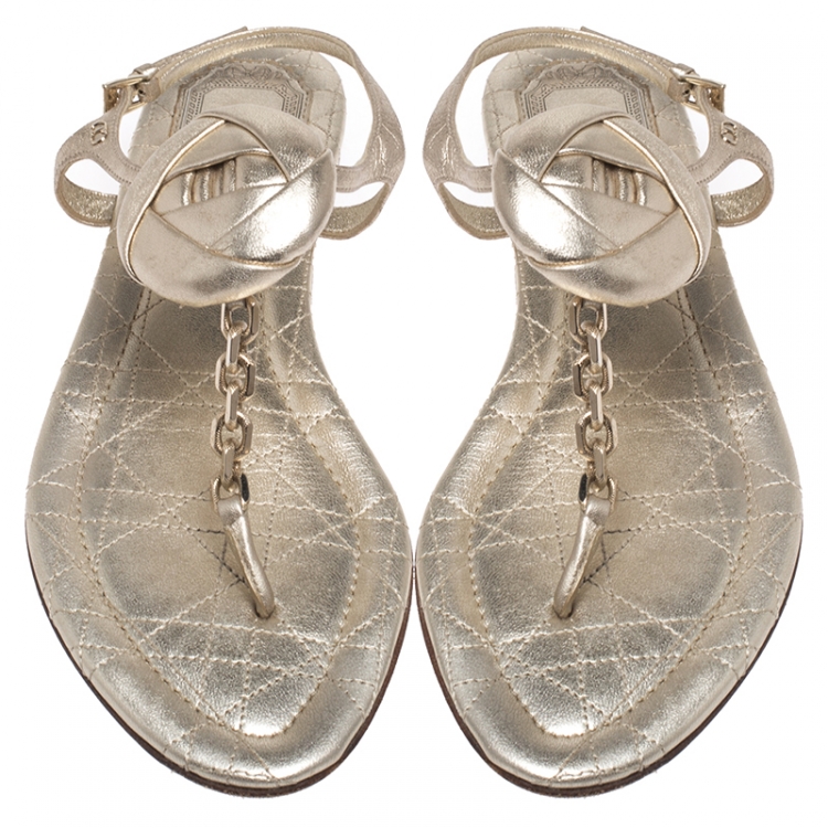 Pre Owned Dior Metallic Gold Leather Floral And Chain Detail Thong Sandals Size 39