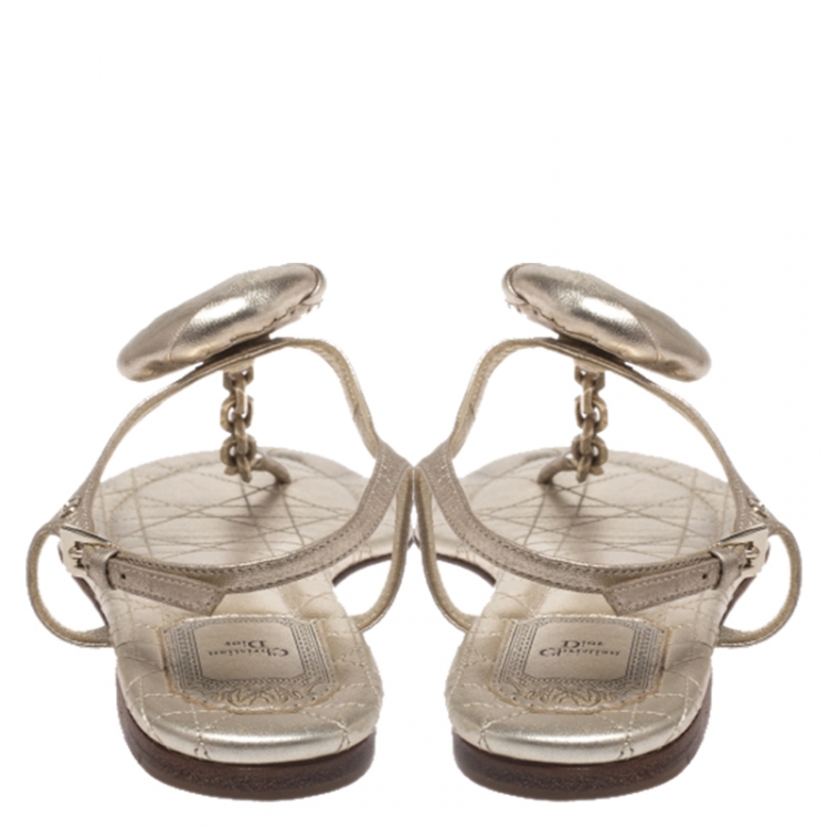 Pre Owned Dior Metallic Gold Leather Floral And Chain Detail Thong Sandals Size 39