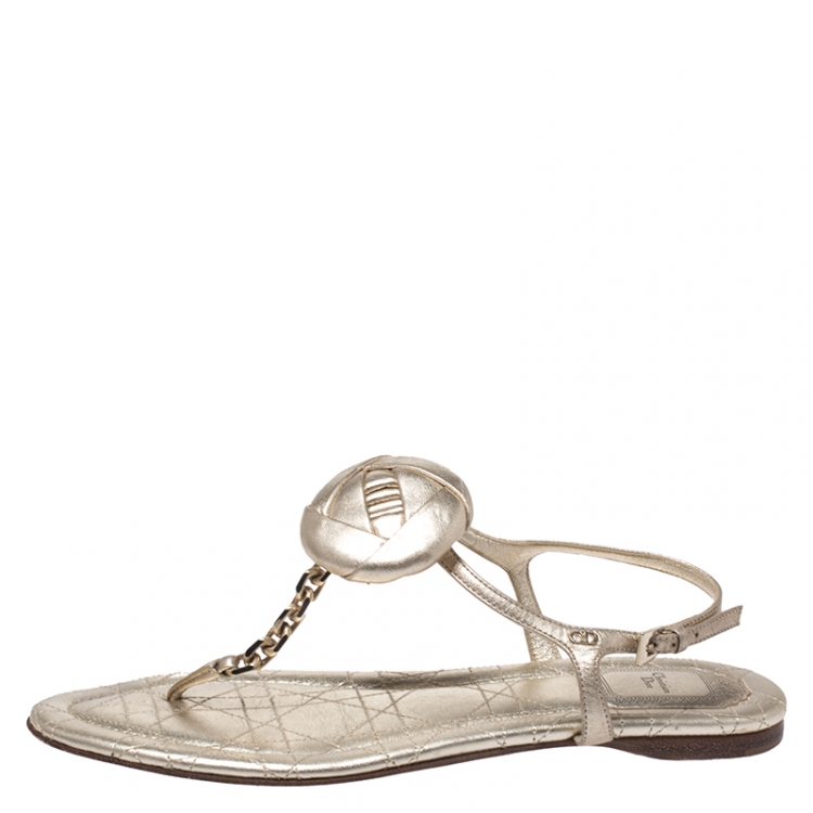 Pre Owned Dior Metallic Gold Leather Floral And Chain Detail Thong Sandals Size 39