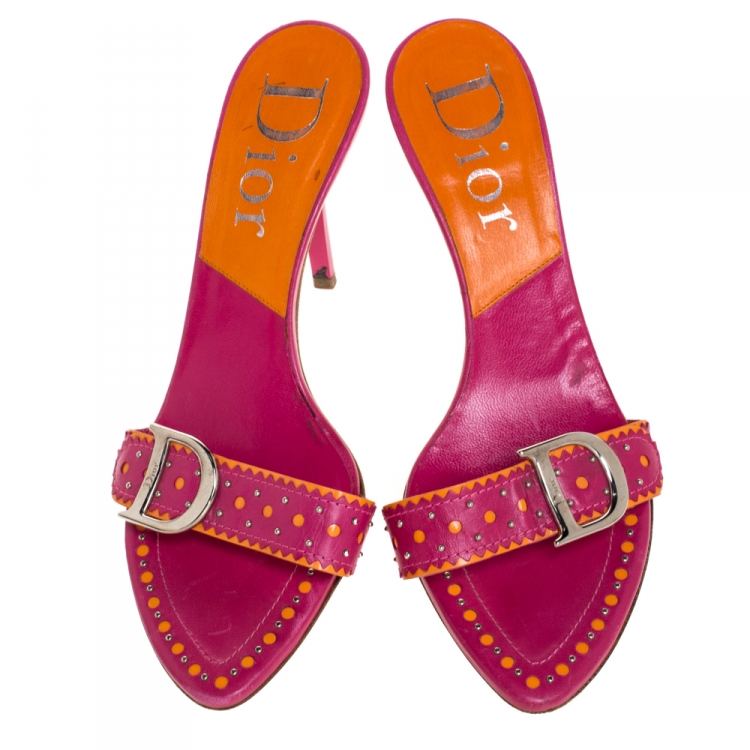 Pre Owned Dior Pink/Orange Leather Studded Logo Detail Slide Sandals Size 37