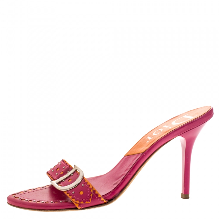 Pre Owned Dior Pink/Orange Leather Studded Logo Detail Slide Sandals Size 37