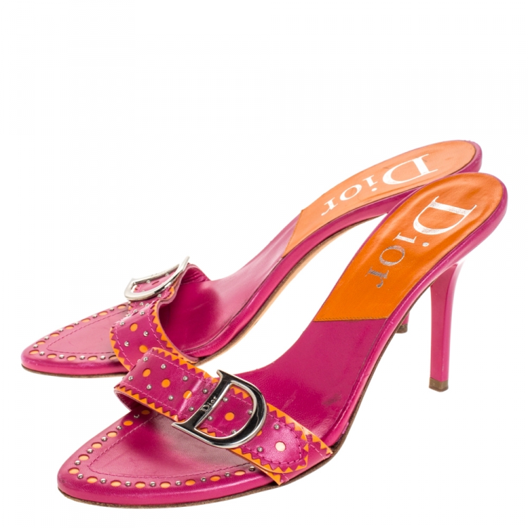 Pre Owned Dior Pink/Orange Leather Studded Logo Detail Slide Sandals Size 37