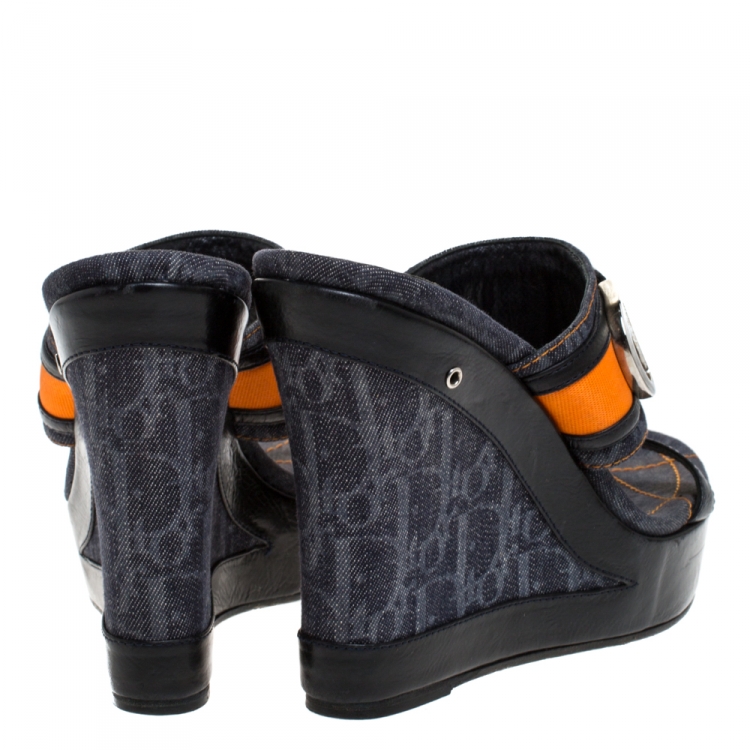 Pre Owned Dior Tri Color Leather and Canvas Open Toe Platform Wedge Sandals Size 39