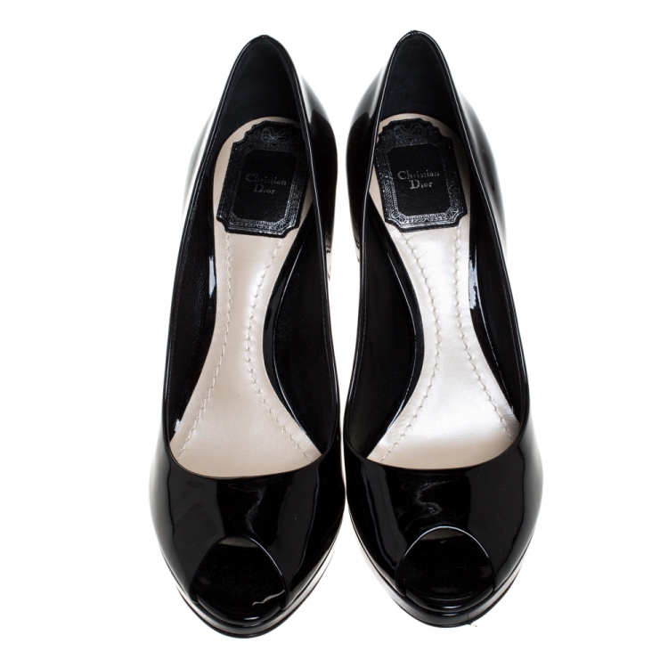 Pre Owned Dior Black Patent Leather Diorella Peep Toe Pumps Size 37
