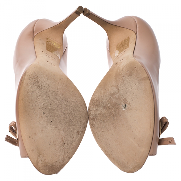 Pre Owned Dior Beige Leather Logo Bow Peep Toe Pumps Size 36.5