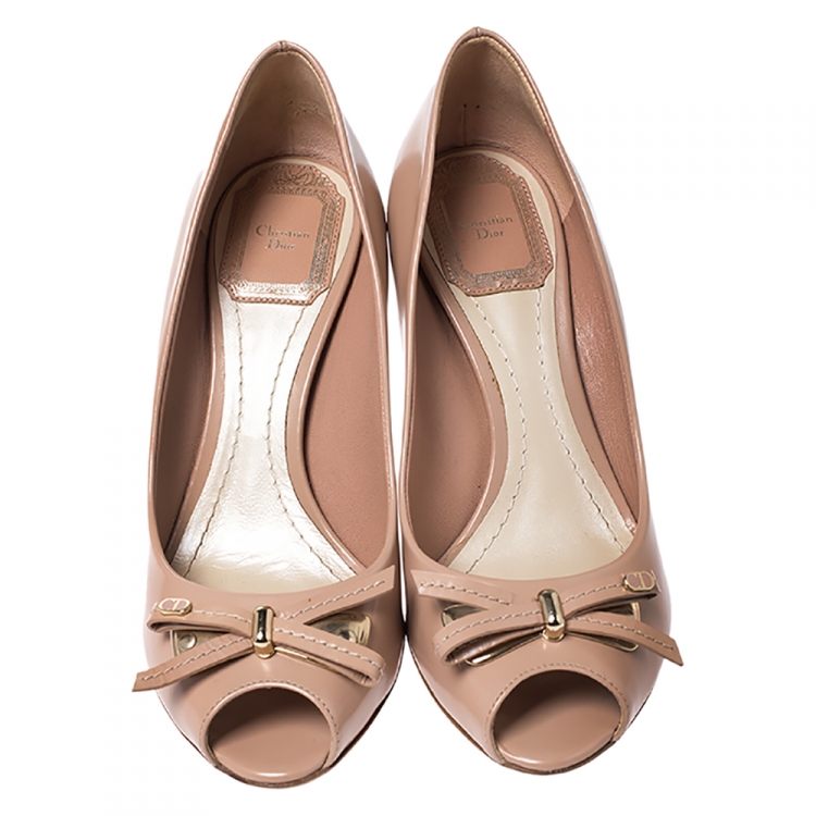 Pre Owned Dior Beige Leather Logo Bow Peep Toe Pumps Size 36.5