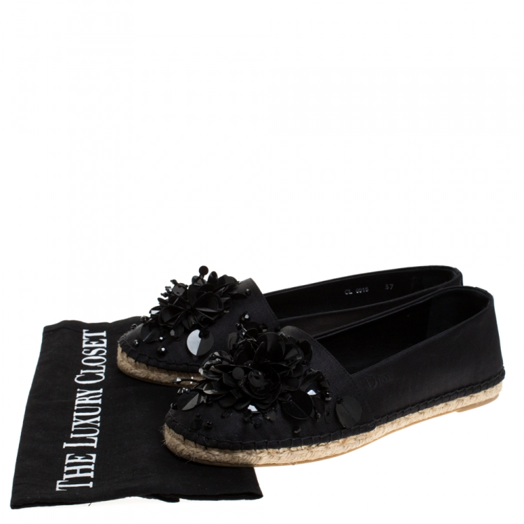 Pre Owned Dior Black Embellished Canvas Espadrille Loafers Size 37