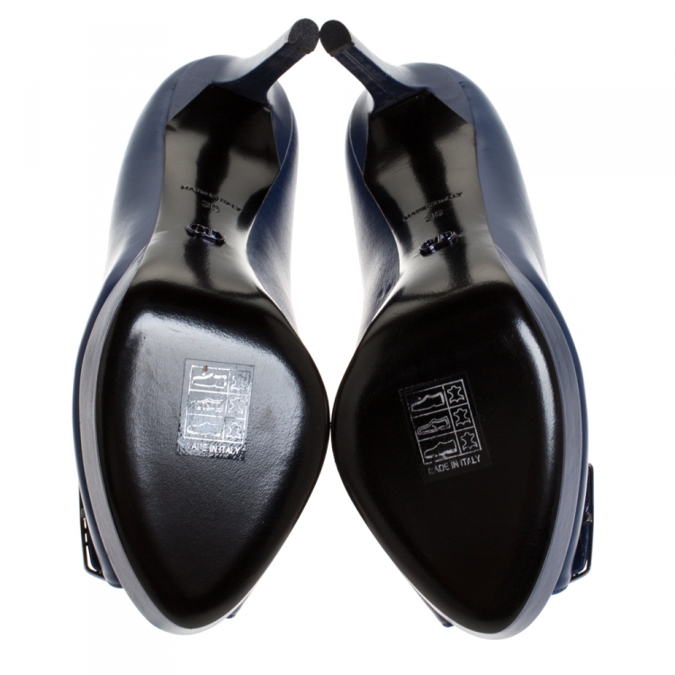 مملوكة مسبقًا Dior Blue Leather Cannage Plaque Peep Toe Platform Pumps Size 36