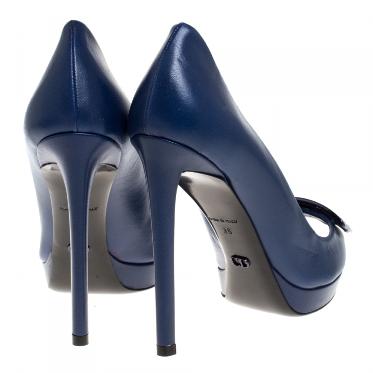 مملوكة مسبقًا Dior Blue Leather Cannage Plaque Peep Toe Platform Pumps Size 36